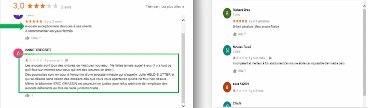 Capture d’écran d’avis clients négatifs sans réponse

Exemple d’un avocat avec des avis Google non gérés

L'importance de répondre aux avis clients

Un avocat qui ne répond pas aux avis peut donner une mauvaise image de son cabinet.
