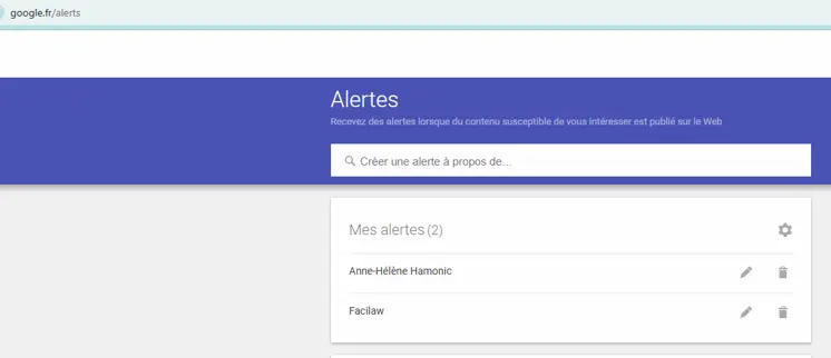 Capture d’écran de Google Alerts

Exemple d’une alerte Google paramétrée pour un avocat

Surveillez votre e-réputation avec Google Alerts

Google Alerts permet de recevoir des notifications dès qu’un avis ou un contenu mentionne votre nom.
