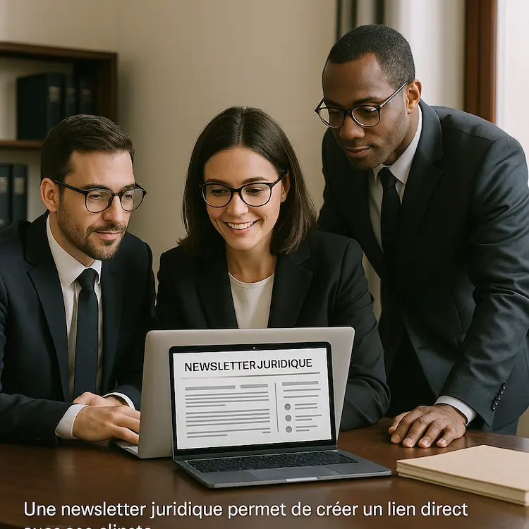 Trois avocats en réunion consultant une newsletter juridique sur un ordinateur portable.