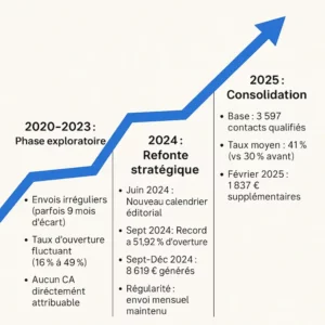 Courbe ascendante illustrant les trois phases d’évolution d’une newsletter juridique : exploration, refonte stratégique et consolidation.