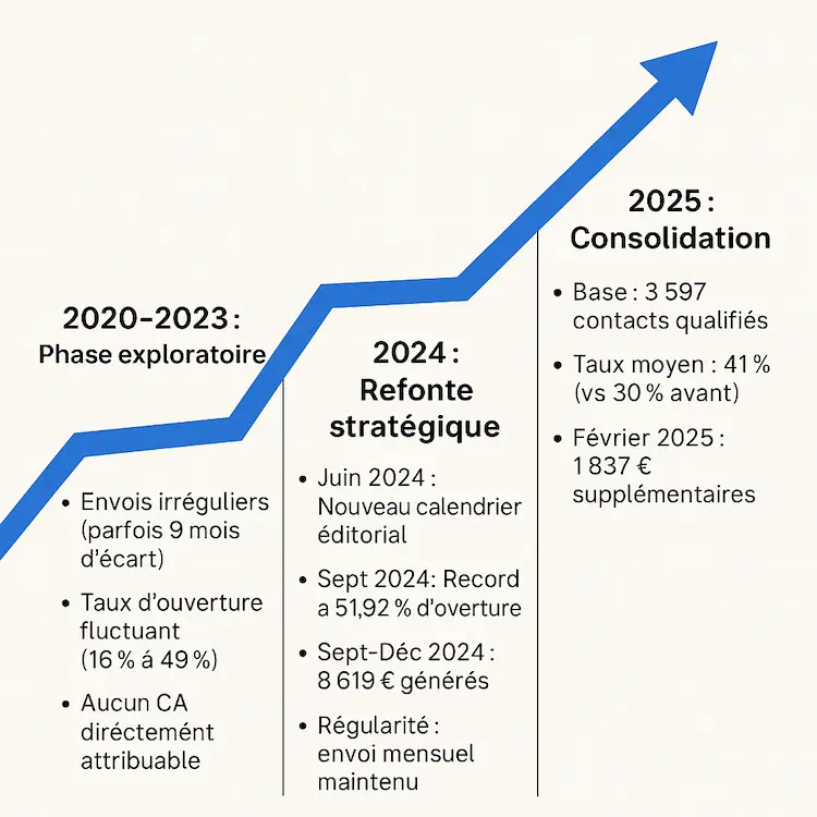 Courbe ascendante illustrant les trois phases d’évolution d’une newsletter juridique : exploration, refonte stratégique et consolidation.