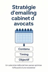Infographie montrant la structure d’une stratégie d’emailing pour cabinet d’avocats avec calendrier, contenu et objectif.