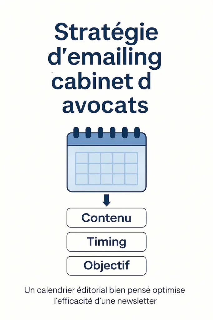 Infographie montrant la structure d’une stratégie d’emailing pour cabinet d’avocats avec calendrier, contenu et objectif.