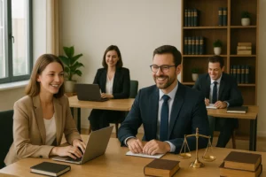 Équipe d’avocats travaillant dans un environnement serein.