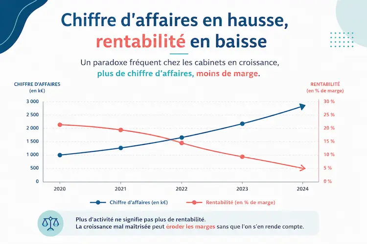 Graphique illustrant la hausse du chiffre d'affaires et la baisse de la rentabilité d'un cabinet d'avocats en croissance