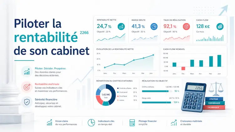 Tableau de bord financier avec indicateurs de rentabilité et de trésorerie pour un cabinet d'avocats